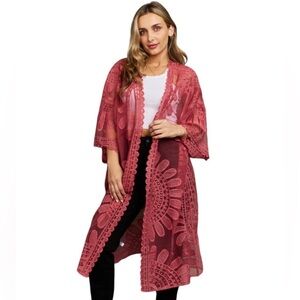 Rebellion Cotton Mesh Sheer Floral Burgundy Wine Duster Cardigan Sz M